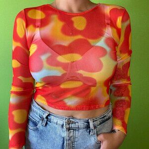 Cropped seethrough funky 70s floral orange festival shirt with long sleeves